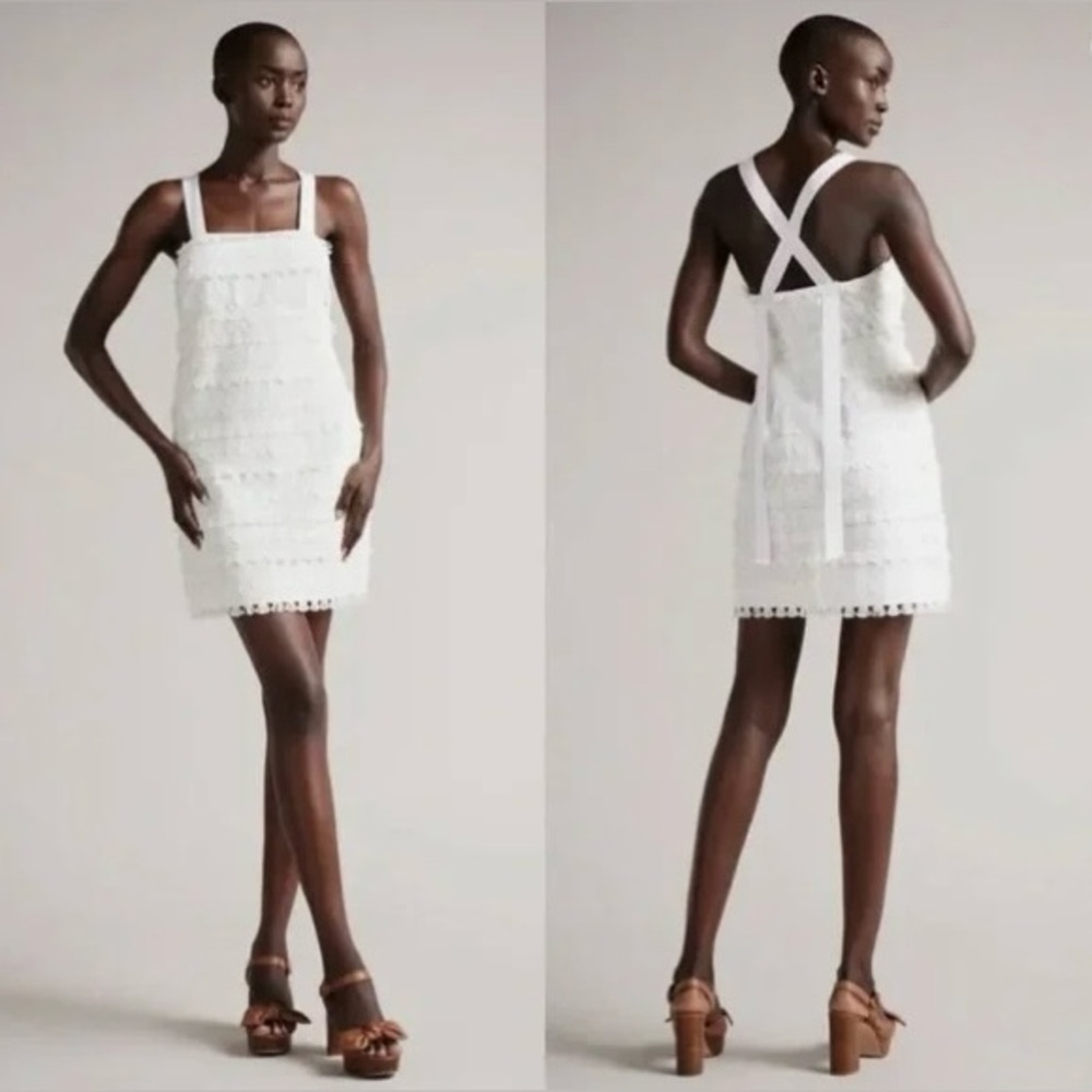 Ted Baker Eleynor Fringed Hem Woven Dress - White Textured Dress in Size 4